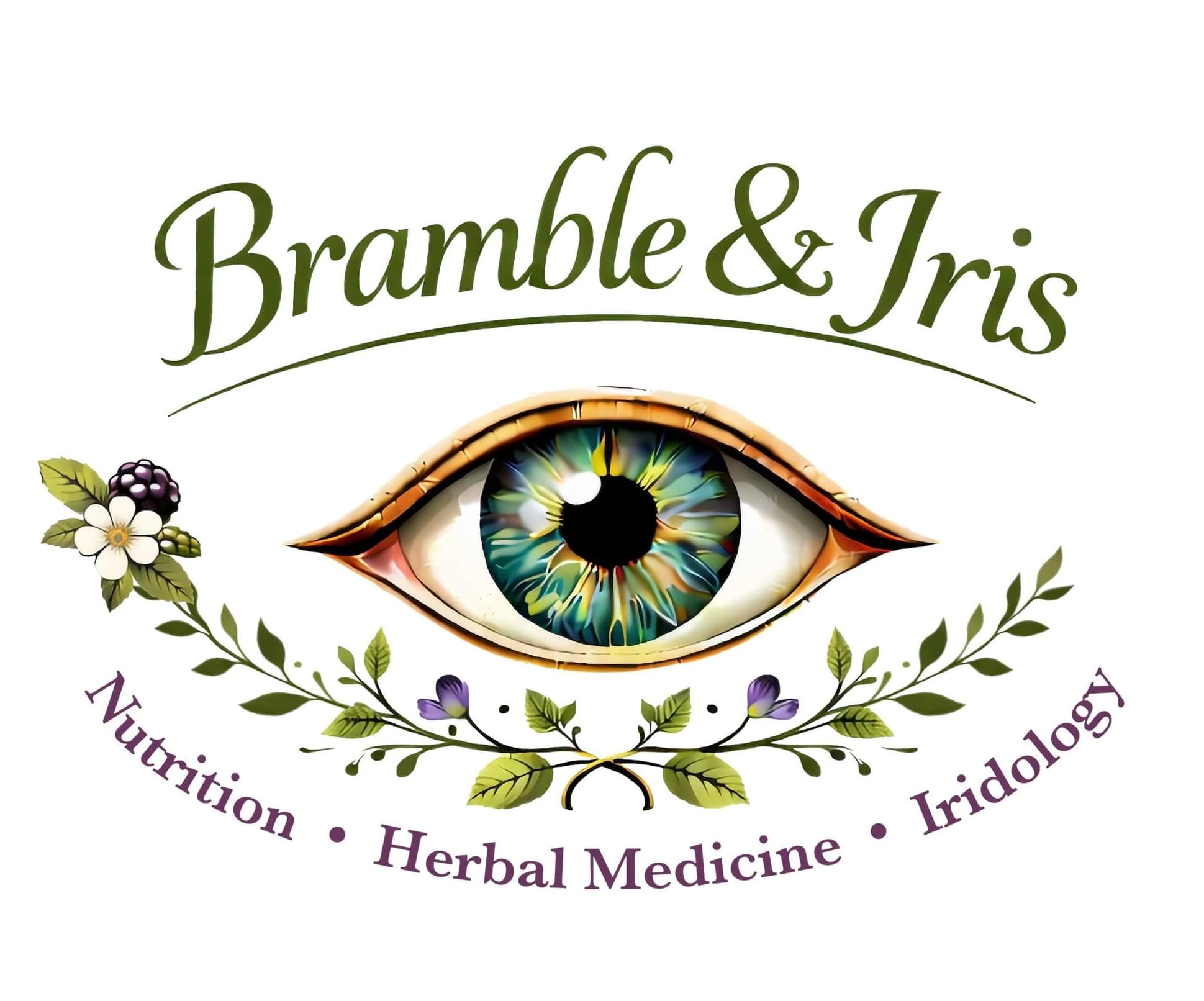 Bramble and Iris's new logo has a hand drawn eye in the center with a hand drawn garland of interwoven blackberry and apple blossom flowers below and notes that the focus of the practice is on Nutrition, Herbal Medicine and Iridology