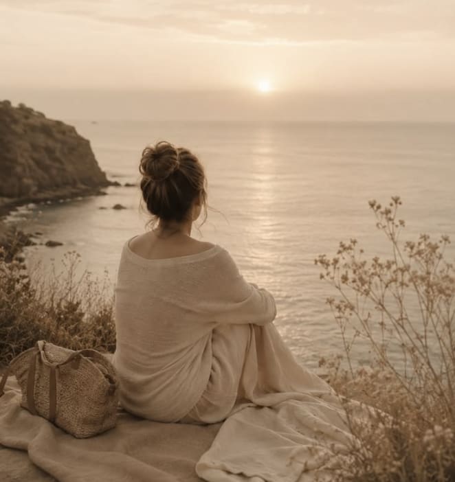 A woman sit in the early dawn light watching the sunrise over the ocean, which gleams with reflected light representing the quiet moments when we can appreciate the remarkable beauty of nature.