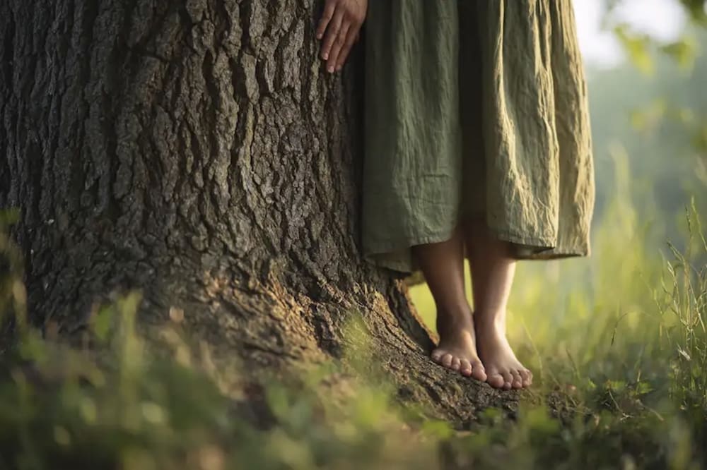 The lower half of a woman wearing an olive green linen skirt standing barefoot on the grass at the base of a large tree trunk in nature.